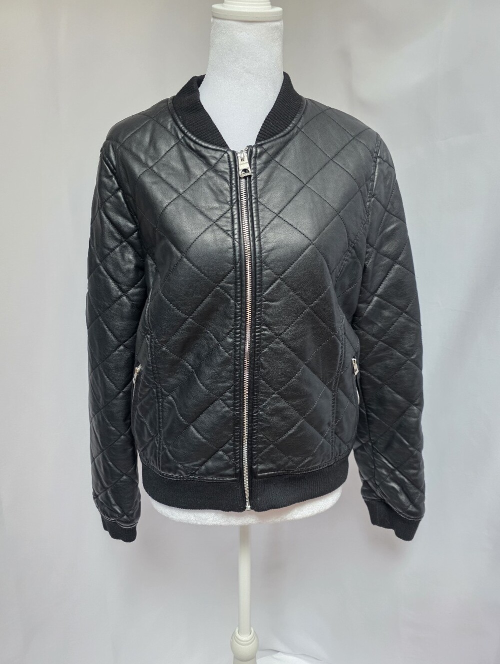 GUESS Black Quilted Faux Leather Bomber Jacket Size M